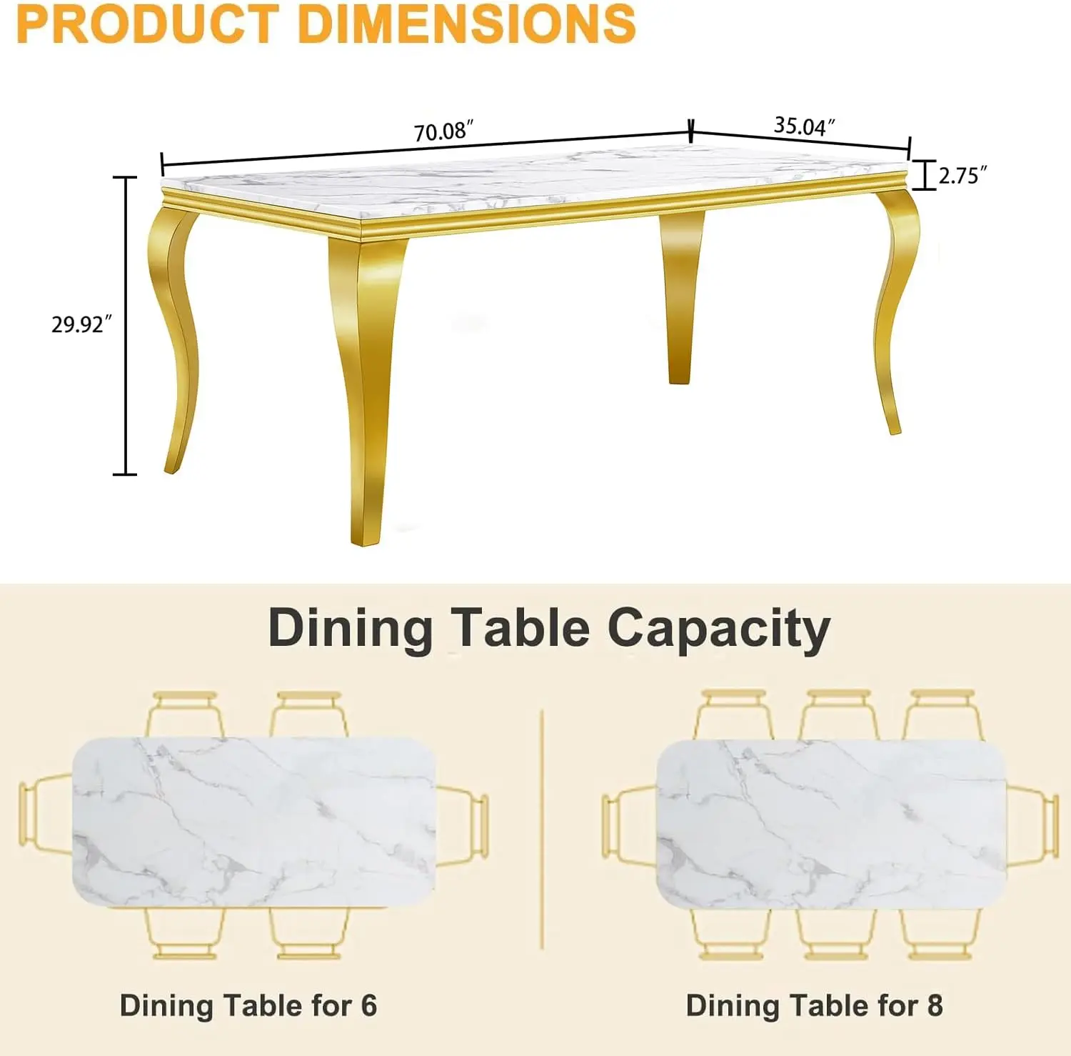 Henf Modern Dining Table for 6-8, 70 Inch White Marble Kitchen Table with Gold Mirrored Cabriole Legs, Luxurious Rectangular