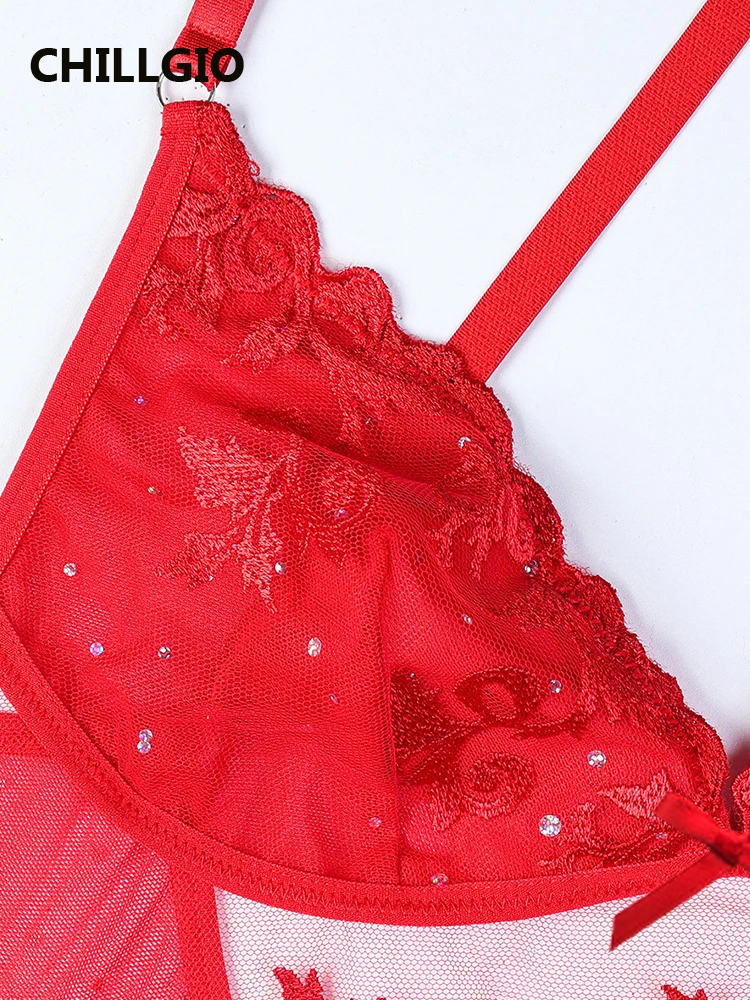 CHILLGIO femmes rouge bretelles Spaghetti robe maille Porno robes courtes pyjamas transparents Lingeries Sexy string chaud femme vêtements