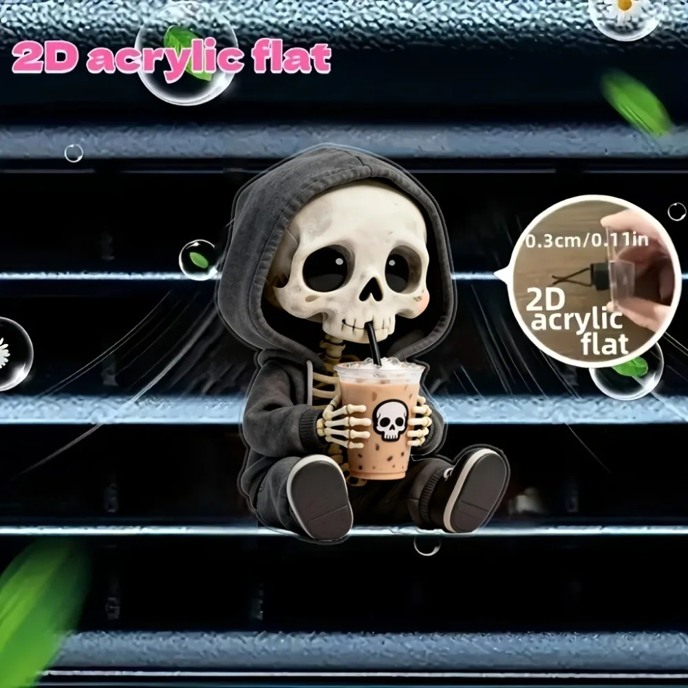 2D Flat Acrylic Halloween Skeleton Embracing Milk Tea Car Aroma Diffuser Stone Car Air Outlet Decoration Car Interior Accessory