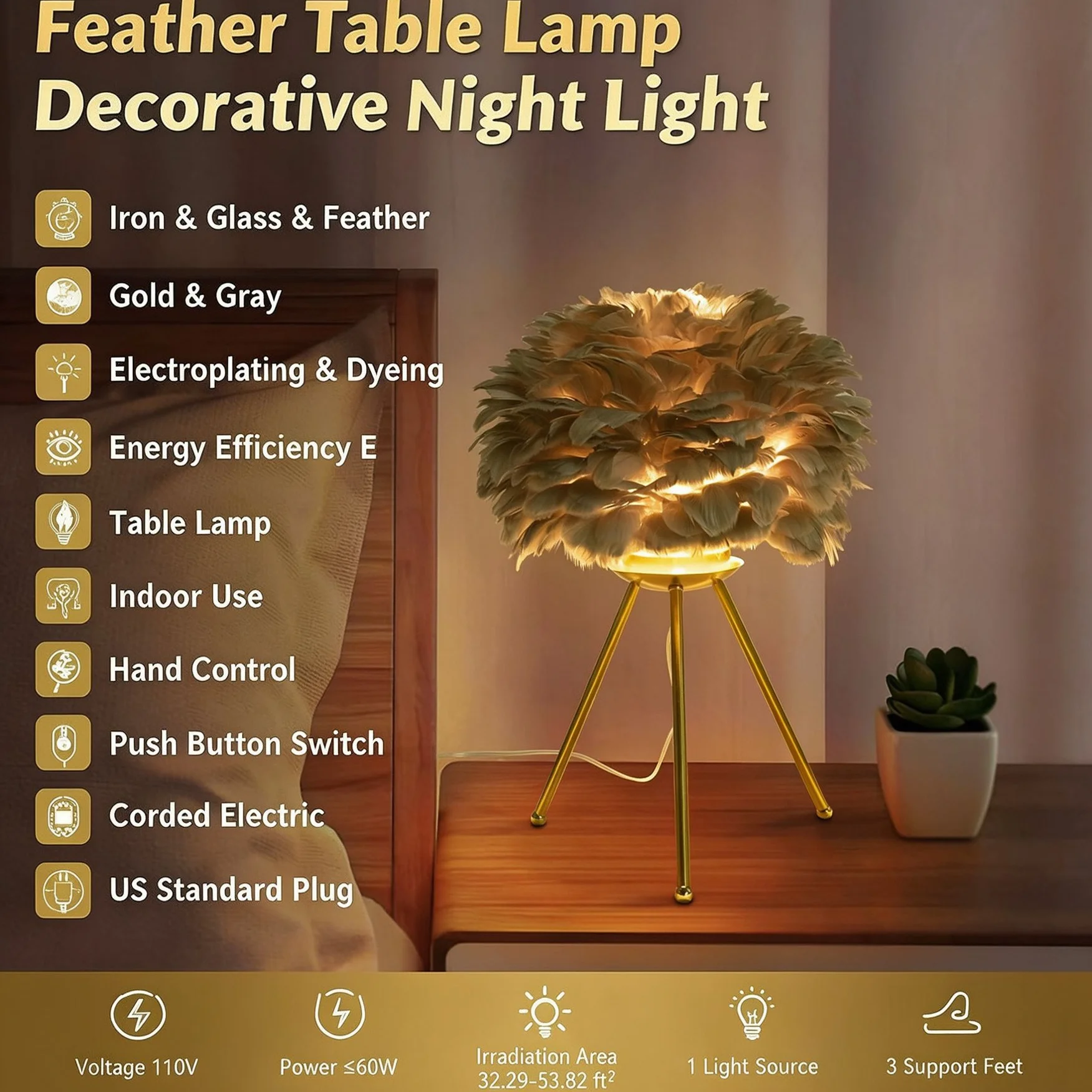 Gray Feather Lamp, Tripod Lamp,110V Gray Feather Table Lamp With 3 Support Feet