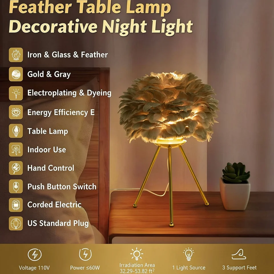 Gray Feather Lamp, Tripod Lamp,110V Gray Feather Table Lamp With 3 Support Feet