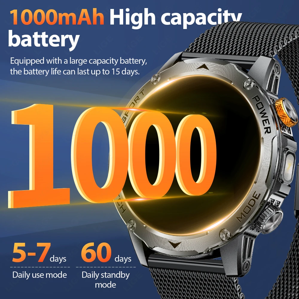 2026 New For Android iOS Smart Watch Men 1000mAh Sport Smartwatch Man LED Flashlight Waterproof Heart Rate Bluetooth Call Clock
