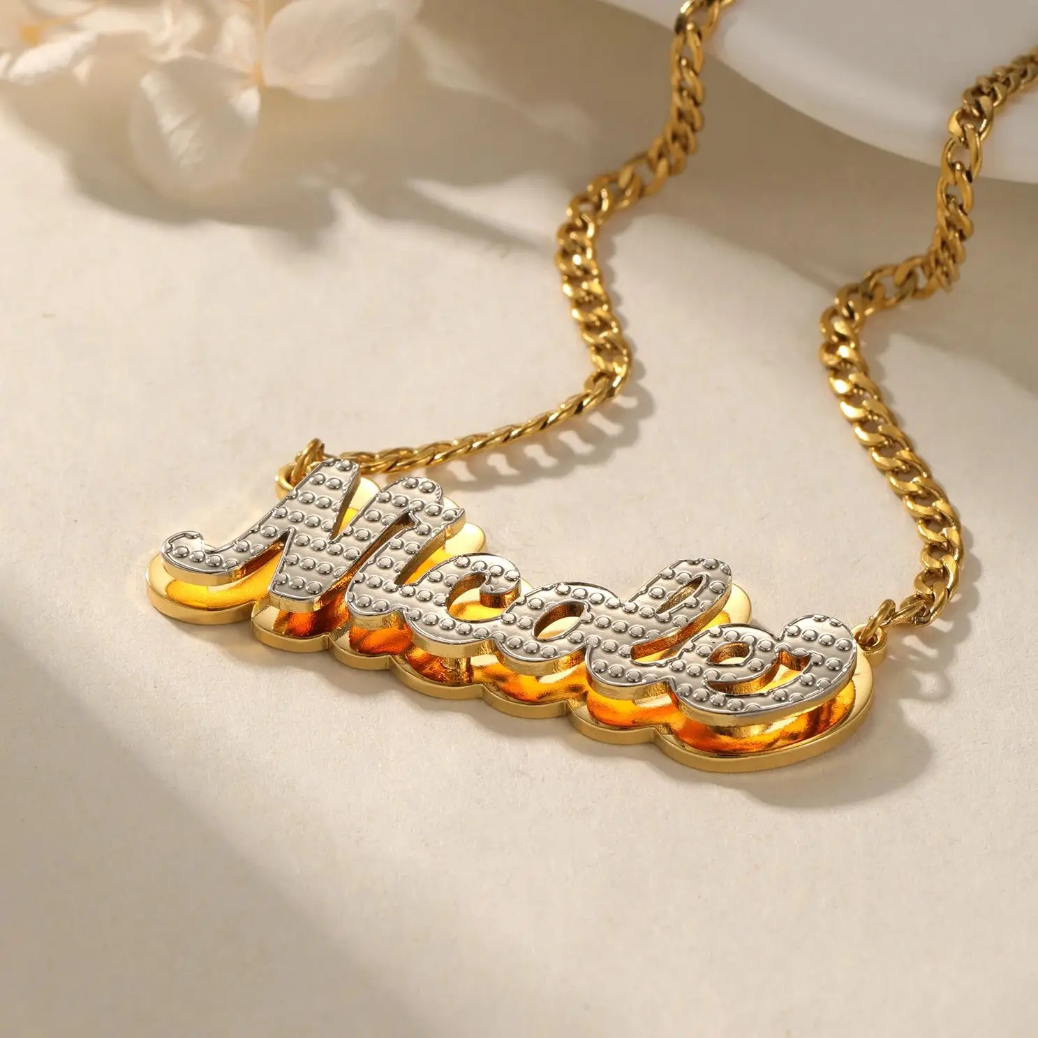 Custom Double Plated Iced Out Script Name Necklace Personalized Two Tone 3D Nameplate Stainless Steel Jewelry For Women Men Gift