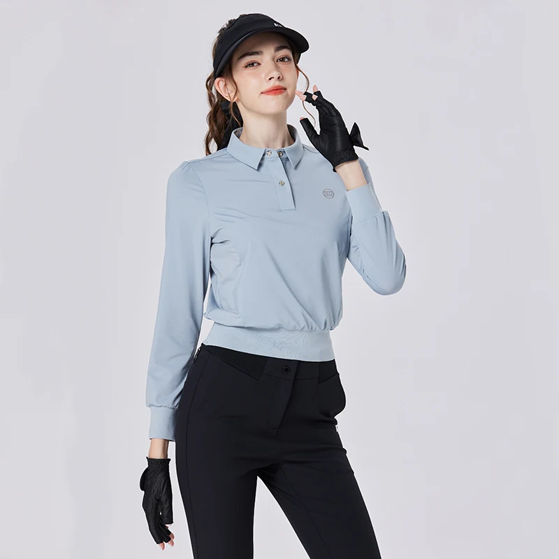 Blktee Golf Wear Women Slim Waist Long Sleeve Short T-Shirt Turn Down Collar Casual Tops Ladies Pullover Autumn Golf Apparel