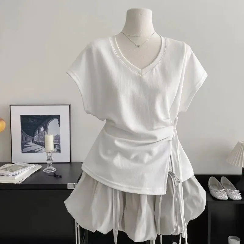 Korean Irregular Wrap T Shirt Women Drawstring Waist Loose Short Sleeve Casual Summer Top