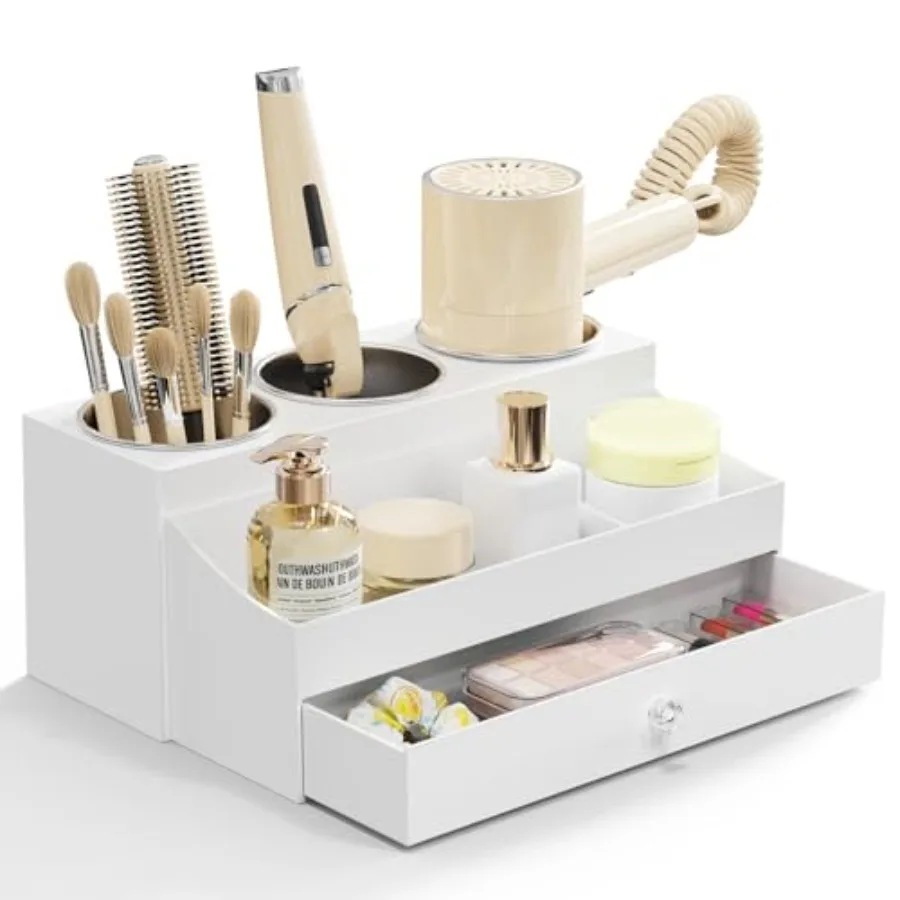 

Acrylic Hair Dryer Holder with Drawer Bathroom Organizer Countertop Drawers with 3 Stainless Cups Makeup Vanity Accessories Hai