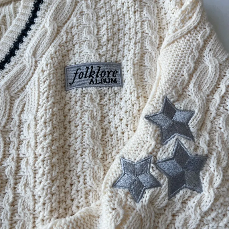 Folclore-Cardigã de malha bege feminino, remendo para letras com suéter bordado estrela, casaco casual, outono e inverno