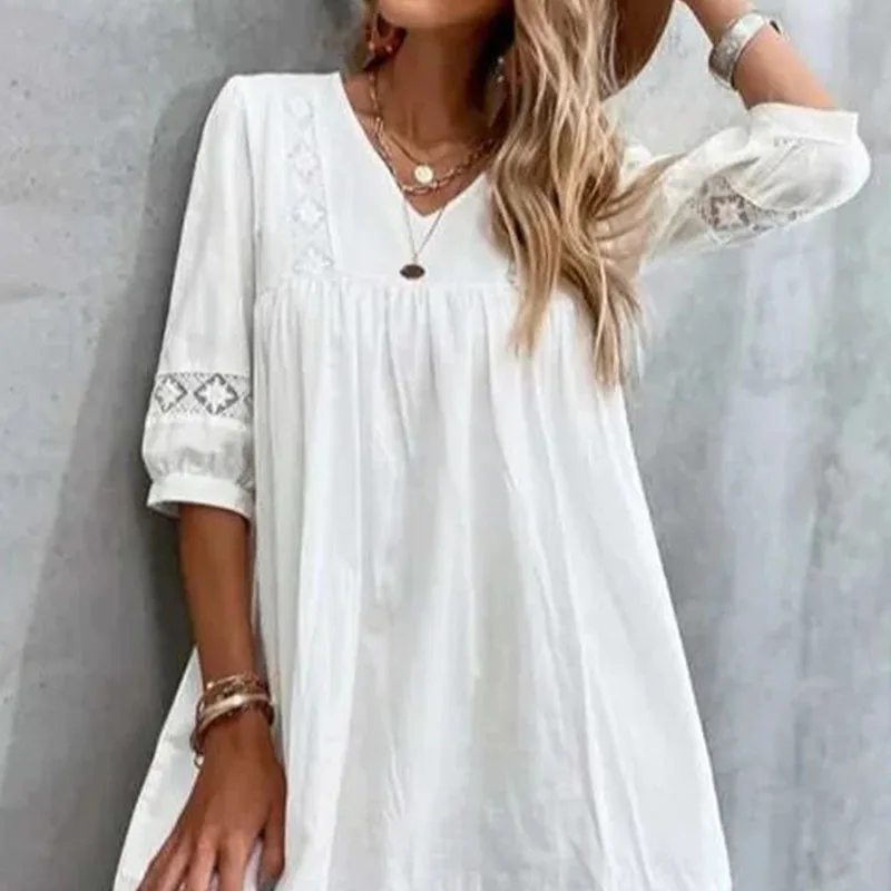 Summer Boho Women's Dress Casual Half Sleeve Sundress Lace V Neck Beach Vestido Bohemian Holiday Party Loose White Mini Dresses