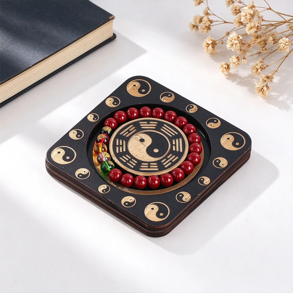 Wooden Tai Chi Yin Yang Bracelet Display Tray Bagua Trigram Crystal Sphere Holder Wiccan Altar Coaster Spiritual Wood Decor