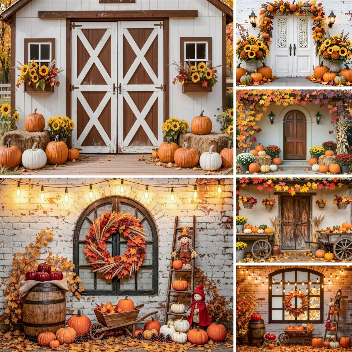 Herbstlicher Holztür-Szenen-Hintergrund für Fotografie, Ahornblätter, Kranz, Kürbis, Herbstparty-Dekoration für Erwachsene und Kinder, Fotohintergrund
