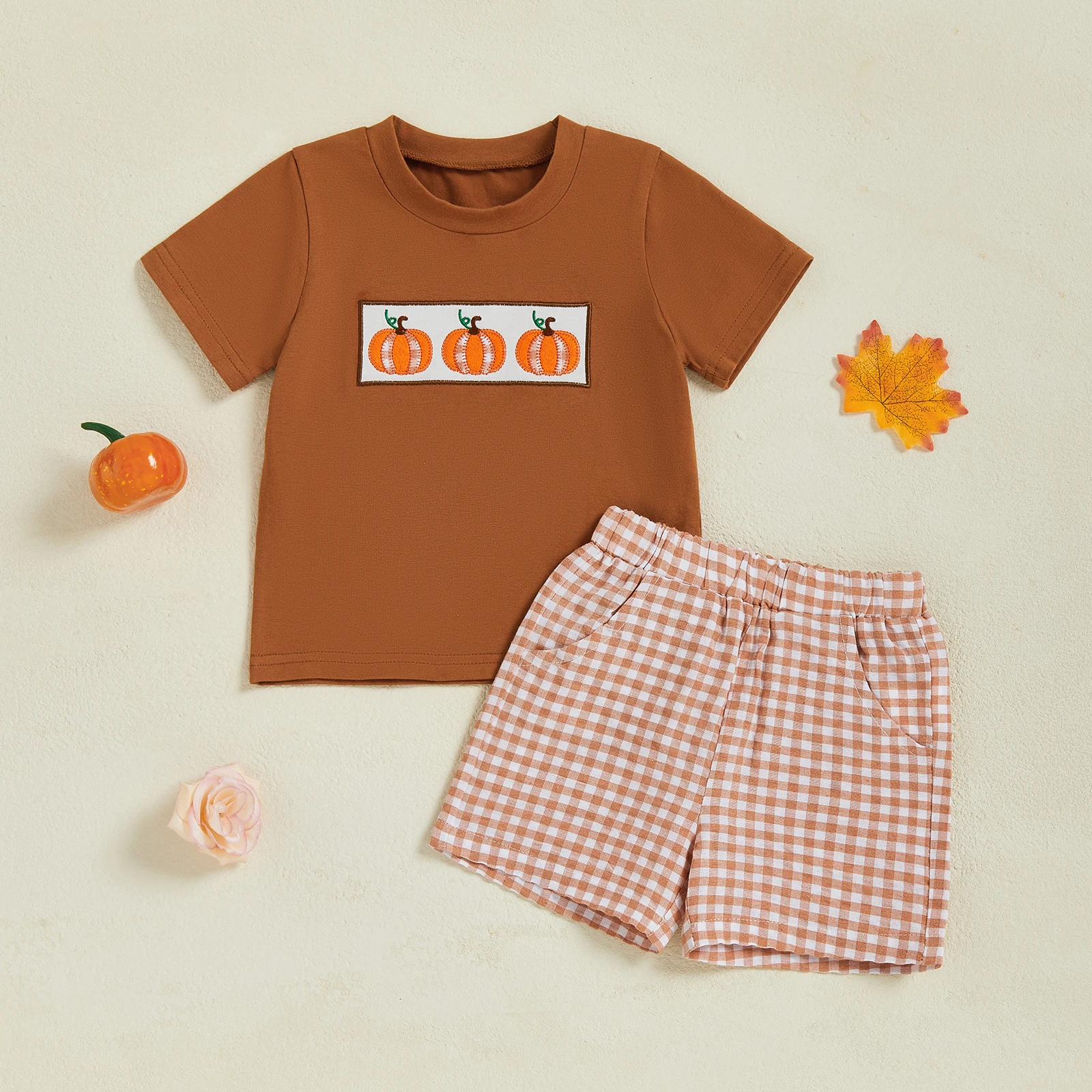 

VISgogo Toddler Boys Halloween Outfits Pumpkin Embroidery Short Sleeve Round Neck Tops and Plaid Shorts 2Pcs Clothes Set