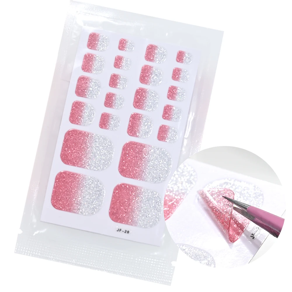 22Tips Pink Silver Gradient French Glitter Toenail Wraps Self-Adhesive Shiny Toenail Stickers Full Cover Baking Free Nail Strips