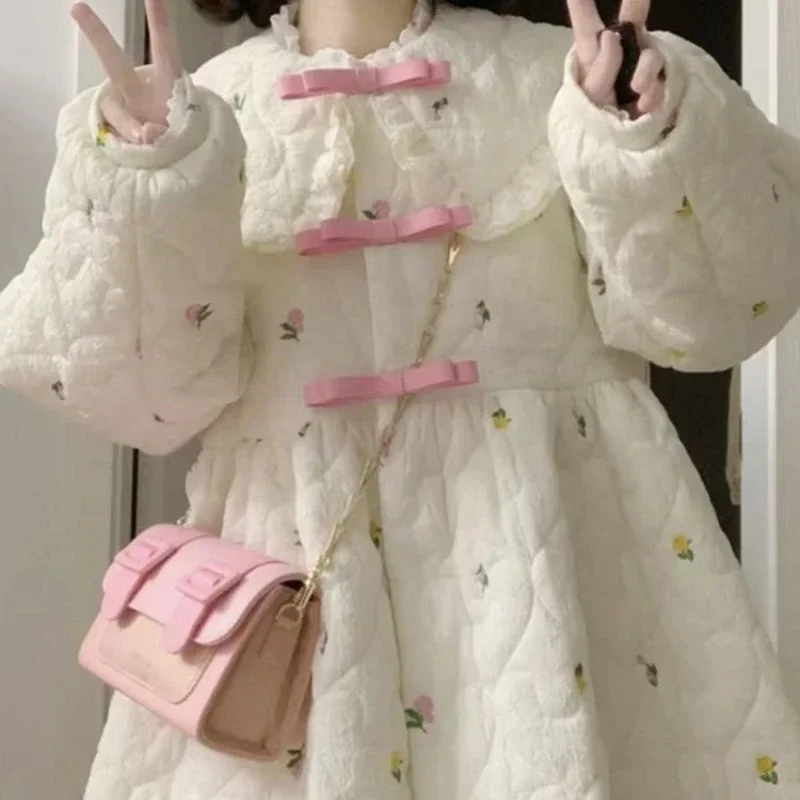 Sweet Cute Pink Bow Thickened Warm Beige Cotton Jacket Female Student Winter Loose Kawaii Medium-length Women Quilted Coat Dress