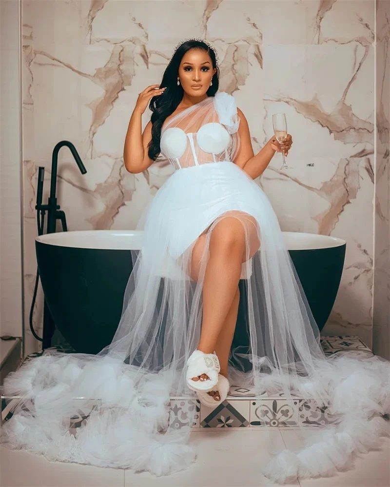 Lace Wedding Robes Customized Photo Shoot Sexy One Shoulder See Through Tulle Long Robe