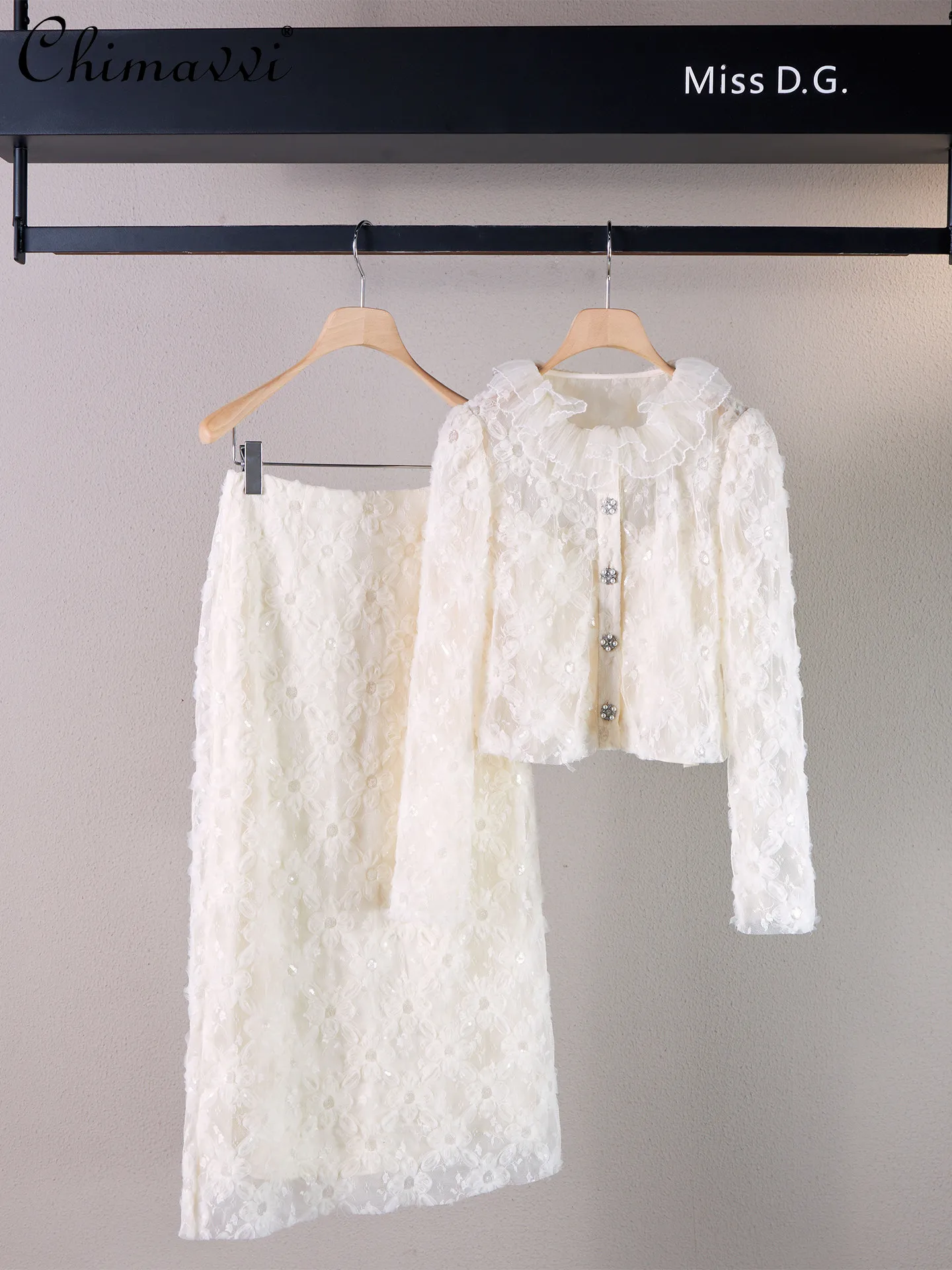 

French Sequin Embroidered Lace Trim Blouse Camisole and Midi Skirt Three-piece Set New 2026 Spring Clothes Women Outfits