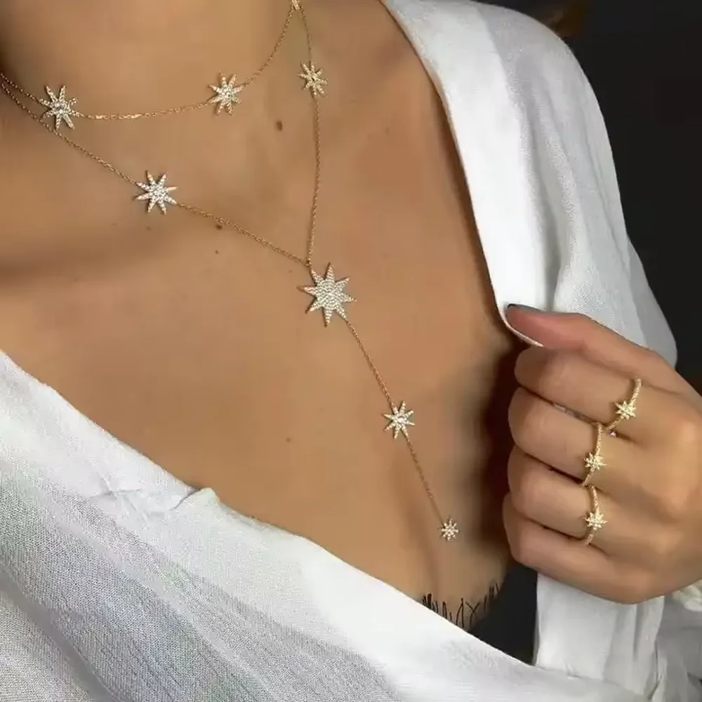 New Arrived Sparking Star Charm Y Shape Long Lariat Link Chain Necklaces For Sexy Women Gold Color Fashion Wedding Jewelry Gifts
