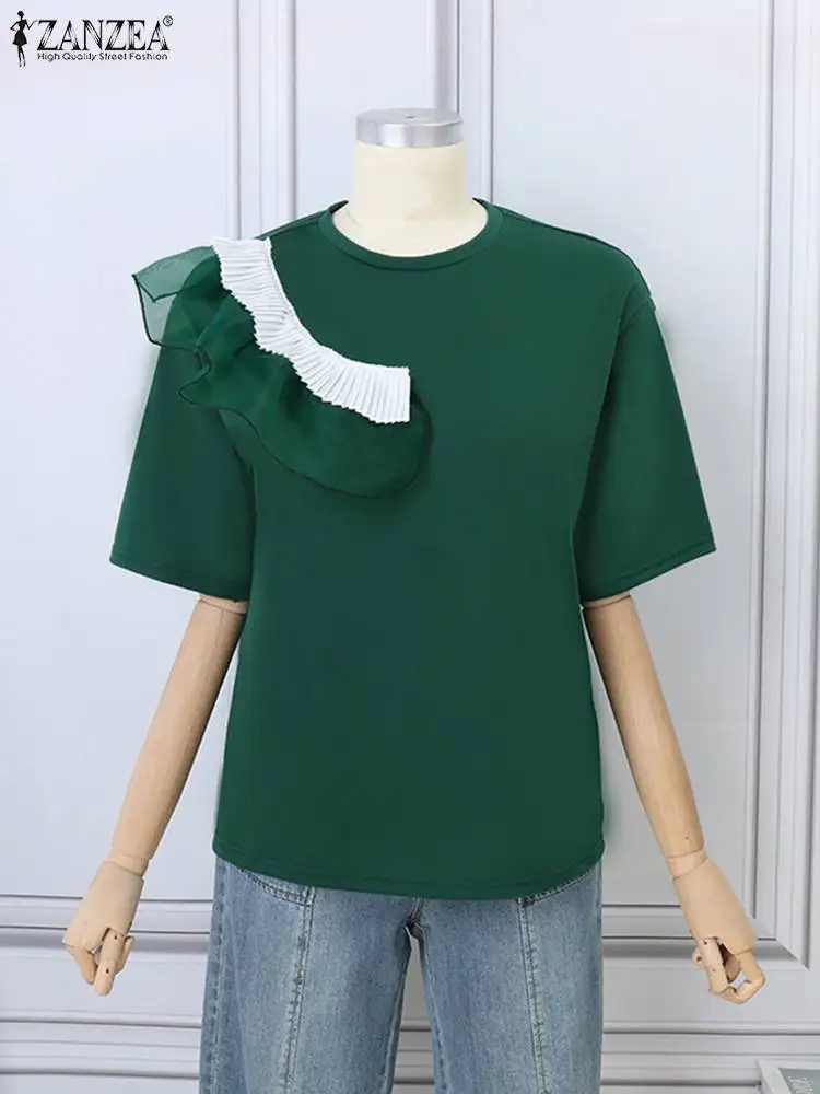 ZANZEA Vintage Office Short Sleeve Tops Fashion Women Ruffled Stitching Tunics Holiday Summer 2024 Blouse Casual O-neck Shirts