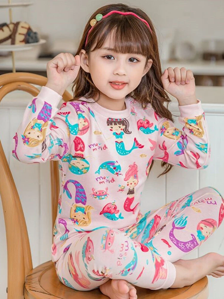 Kinder Mädchen Baumwoll-Pyjama-Set Cartoon Meerjungfrau-Druck Herbst Frühling Thermounterwäsche Kleinkind Langarm-Schlafanzug Homewear 2-teilig – Detail 4