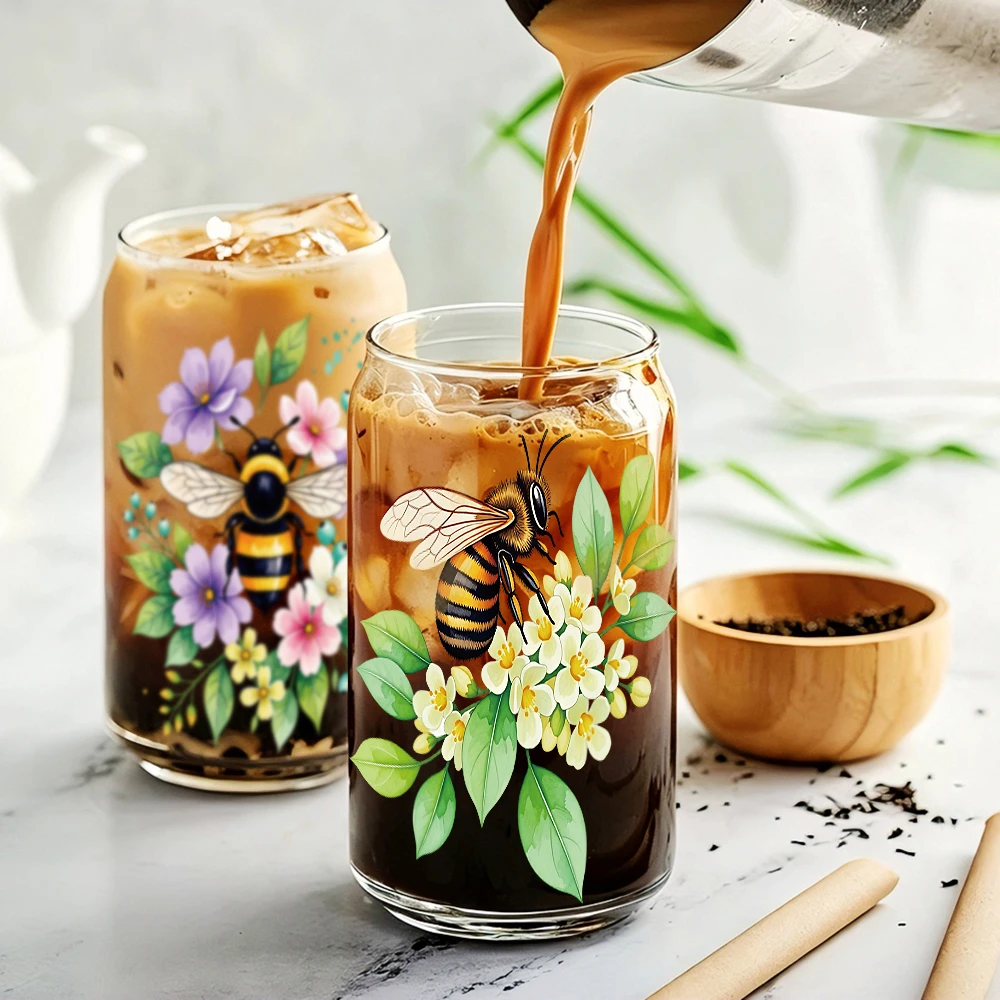 6pcs Watercolor Cartoon Bees Flowers UV DTF Cup Wrap Rapeseed Honey Honey Bees 3D UV Transfer Sticker Self-adhesive Mug Cup Wrap