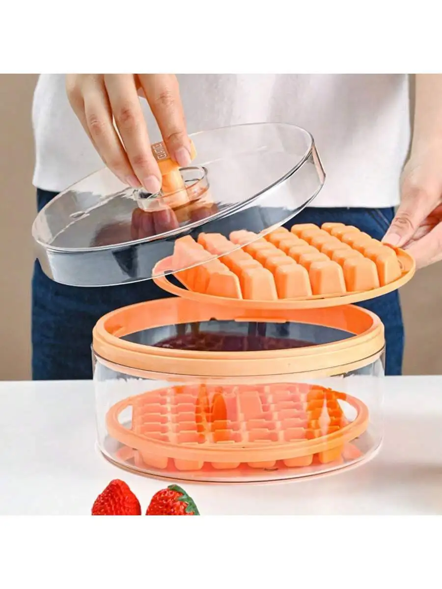 1pc 大容量家庭用アイスキューブトレイ、蓋付き、プラスチック圧縮型と氷分配ボックス、簡単にリリース、含む