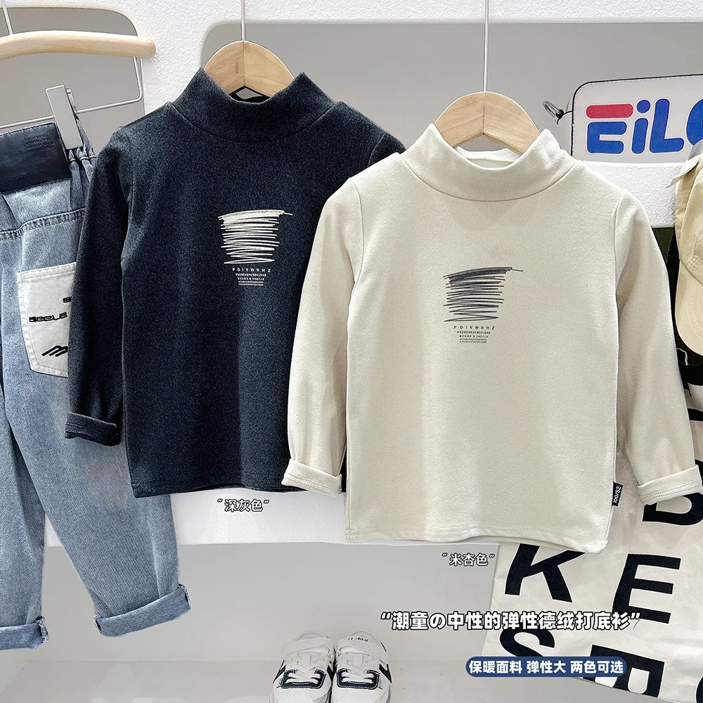 Korean children's clothing for boys  2025 Children's T-shirt German fleece long-sleeved semi-high neck round neck pullover base