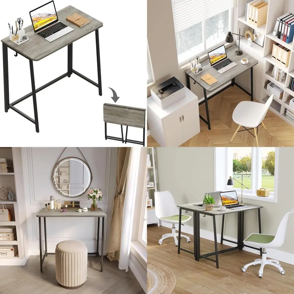 

Compact Folding Desk for Small Spaces: Space-Saving Computer Table, Writing Workstation, Easy Assembly, Gray-Wash Finish