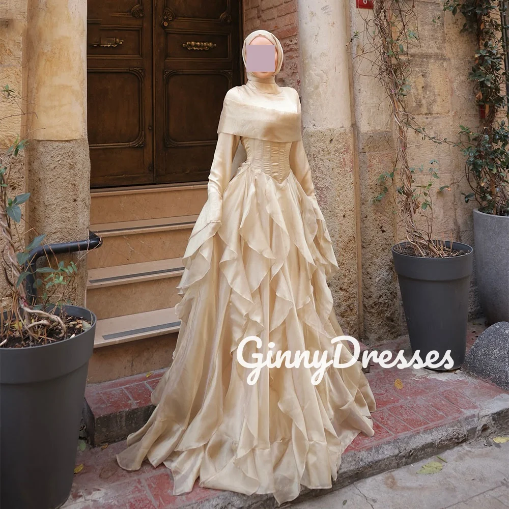 

Dubai Luxury Evening Dress Customize A-Line Scoop Neckline Dresses For Prom Long Sleeves Ruffle Floor-Length Formal Occasion Dre