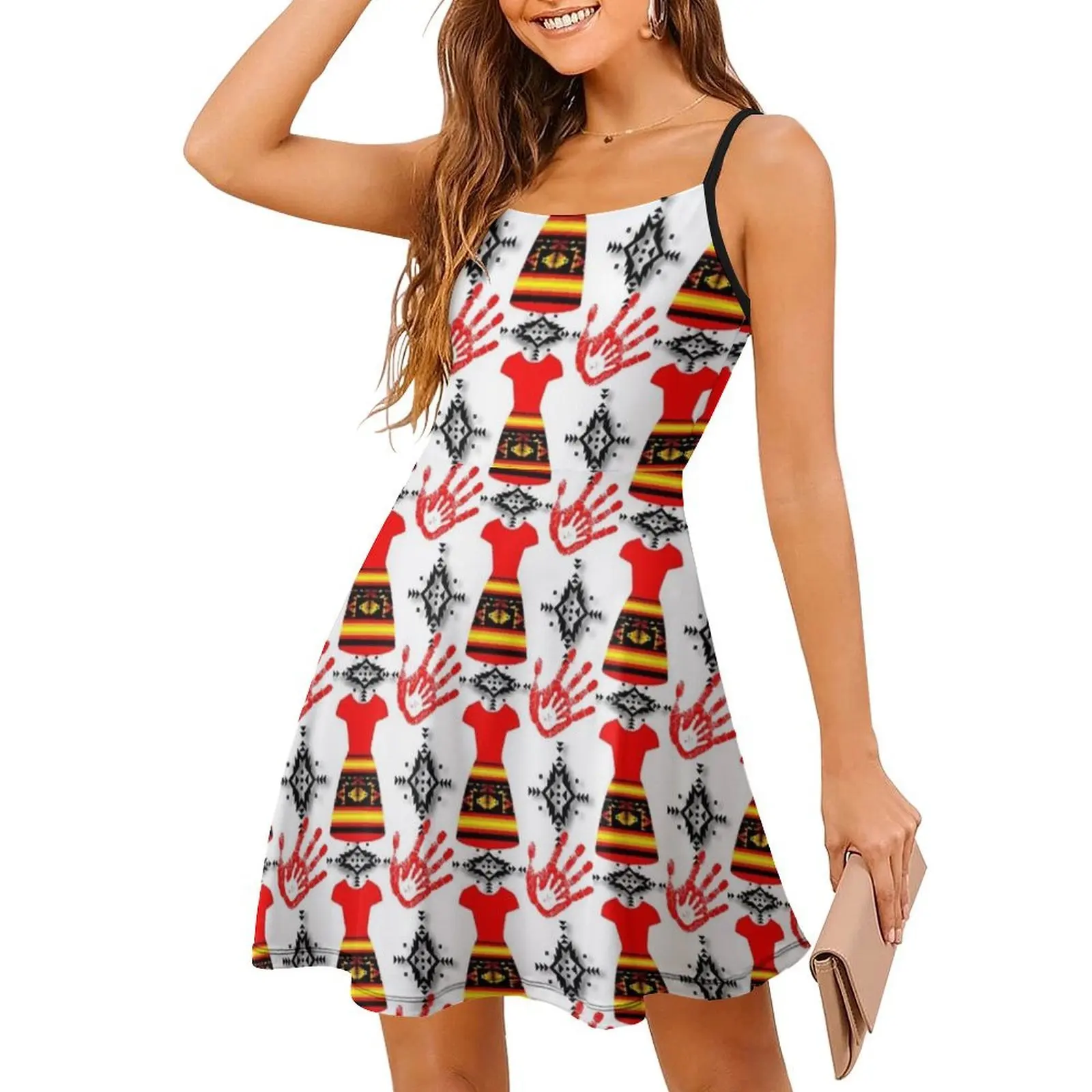 فستان أحمر / يد حمراء / خلفية بيضاء Mmiw فستان بوهيمي بدون أكمام متعدد الطباعة فستان حفلات عطلة الشاطئ مفقود و #3