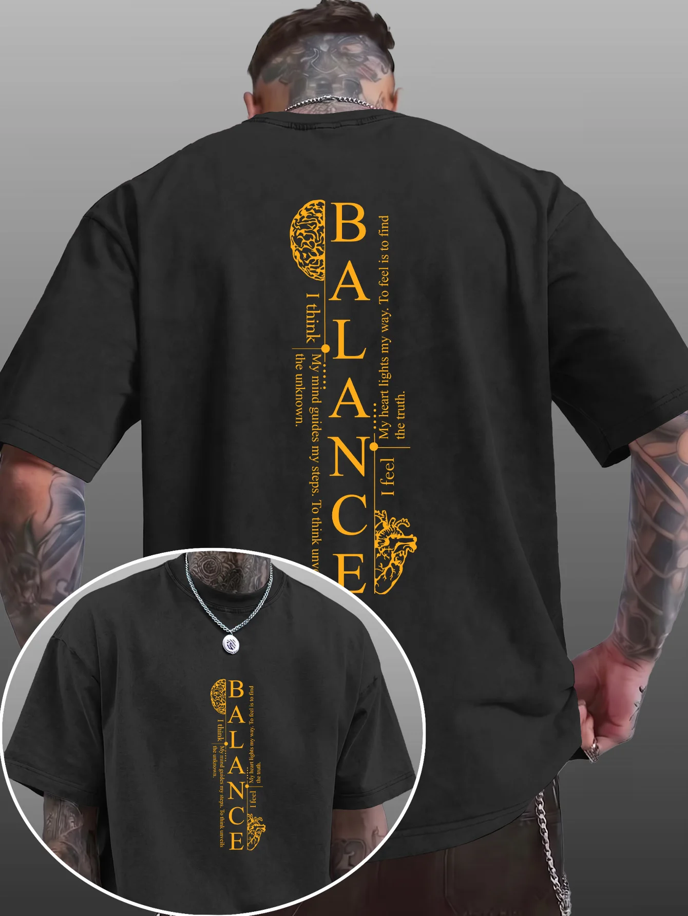 Men Cotton Loose Washed Vintage T-shirt, Vertical Balance Brain Heart Text Double Print American High Street Hip Hop Tee S-3XL