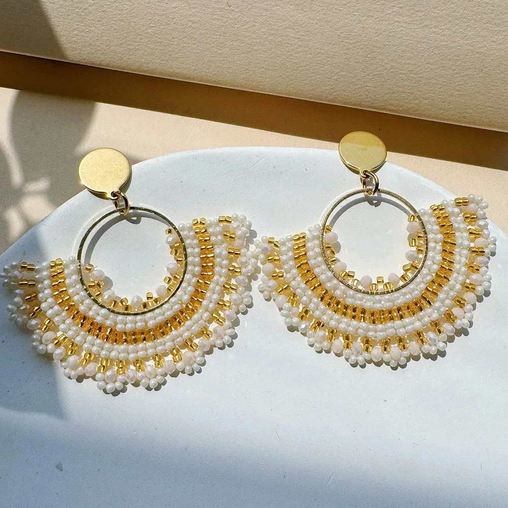 2025 اليدوية بوهو أقراط مطرزة قطاع القطاع الإبداع كريستال بوهيميا اليد النسيج مطرز أقراط للنساء #5