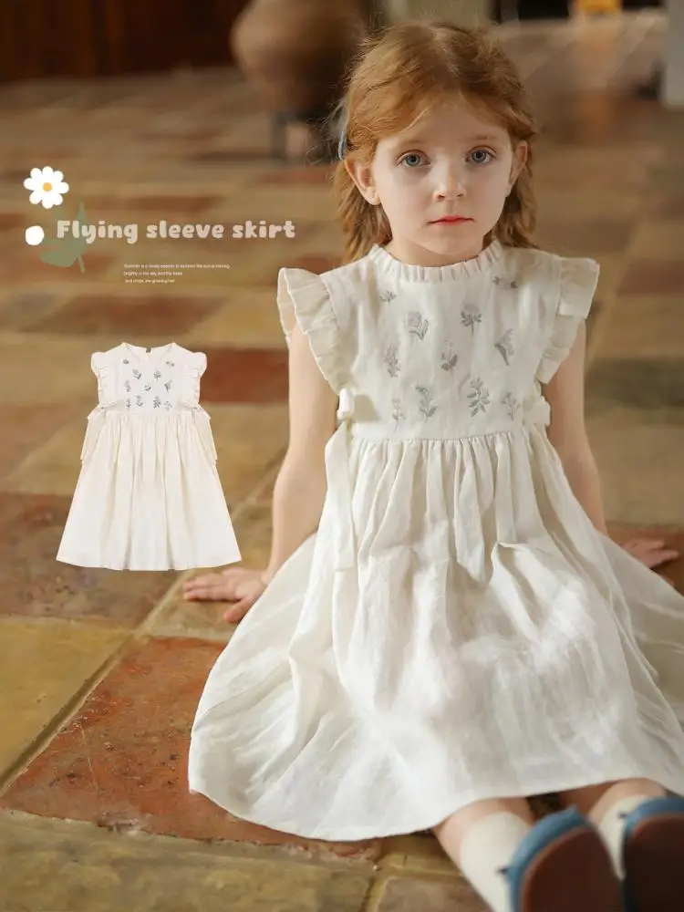 

2024 Baby Flower Embroidery Dress Casual Daily Girl Princess Dresses Summer Round Neck A-Line Vestidos Simple Children Clothing
