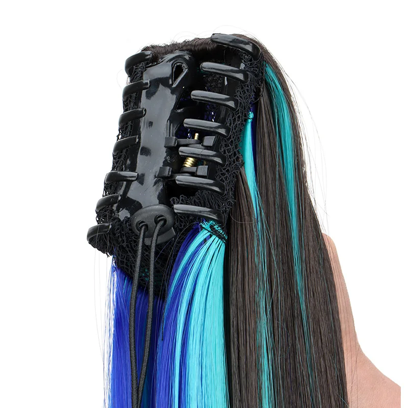 Extensión de cabello de 24 pulgadas sintética larga lacia con colores de mechas, clip de cangrejo, postizo para mujer en azul y rojo 3