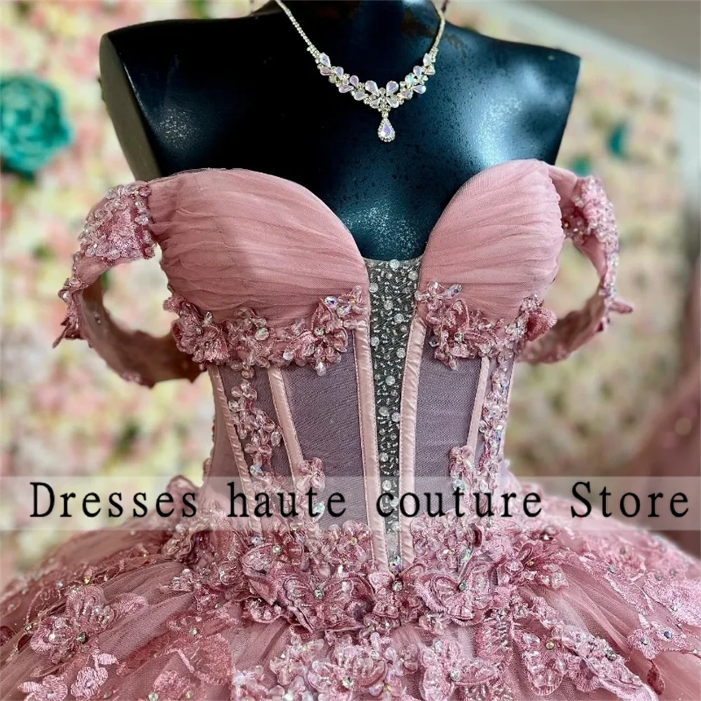 Pink Tulle Appliques Quinceanera Dresses 2025 Lace Beaded Sweet 16 Dress Birthday Party Dress Customized Vestidos De XV Anos