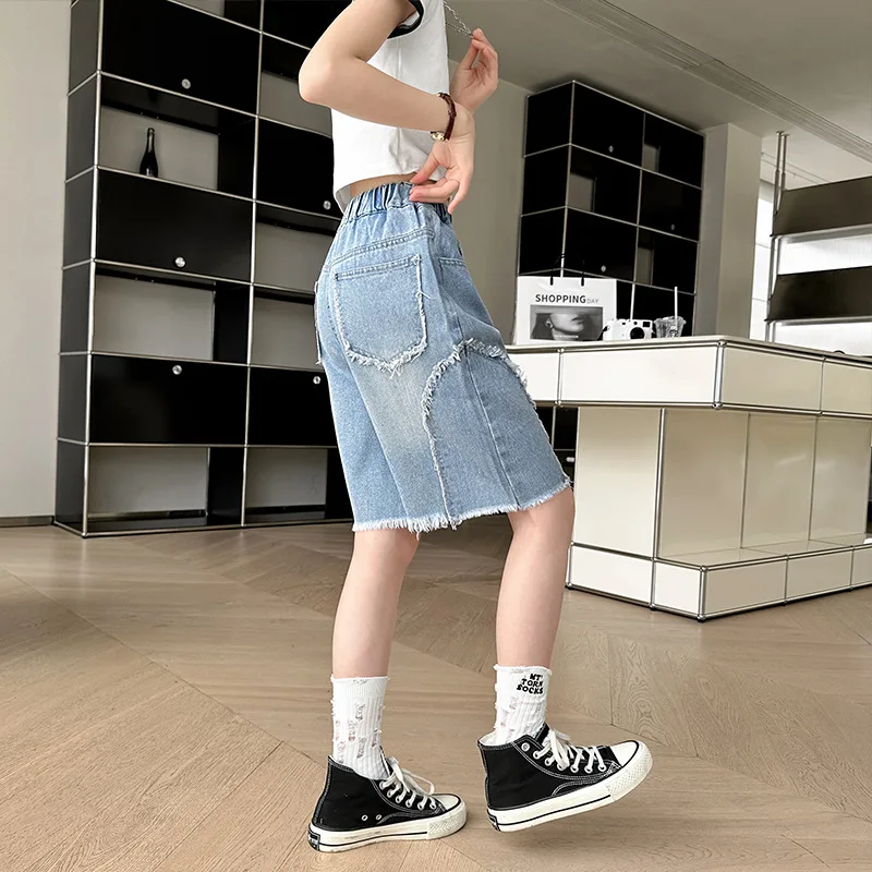 Summer Teenagers Girls Blue Shorts Kids Thin Clothes Loose Denim Quarter Pants Korean Children Casual Short Jeans 4 6 8 10 12 14