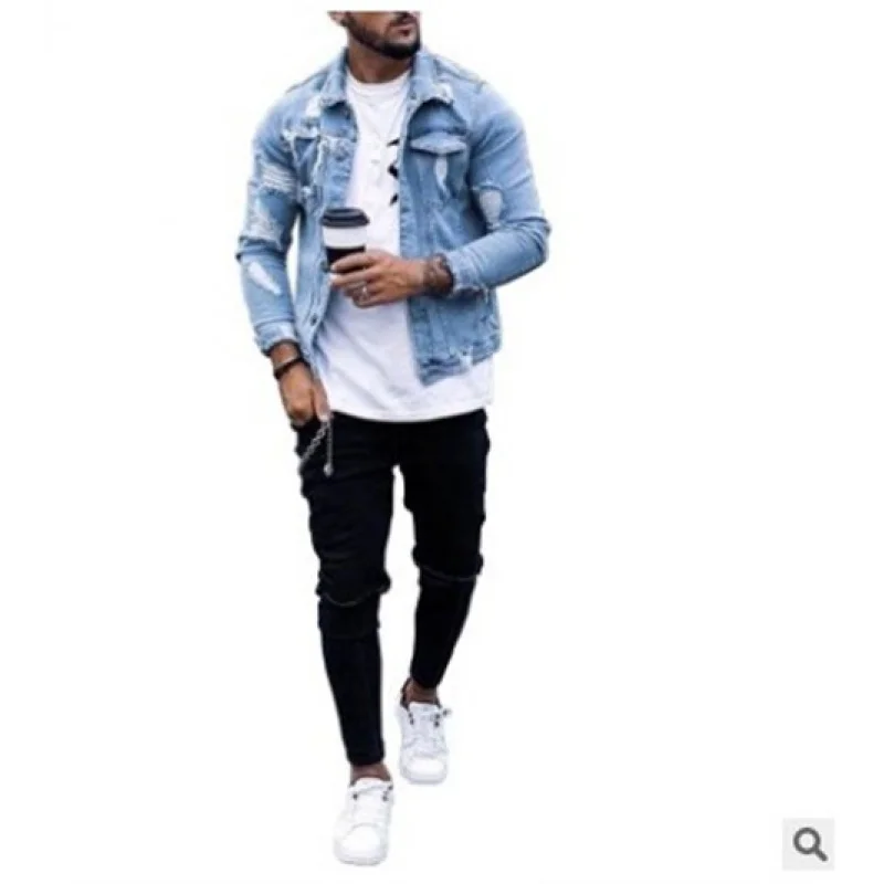 

Spring and Autumn New Polo Collar Men's Denim Coat Ripped Irregular Washed Jacket Men's Clothing