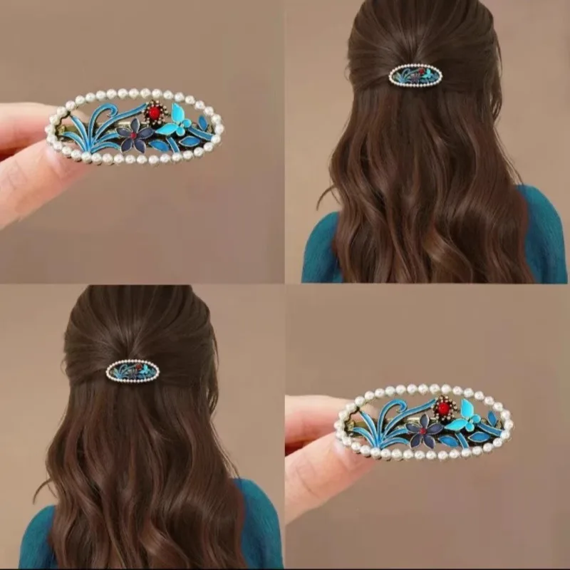 Vintage Enamel Stunning Side Hair Clips, Orchid Pearl Spring Clips, Chinese Style Side Bangs Clips & Hair Twisters
