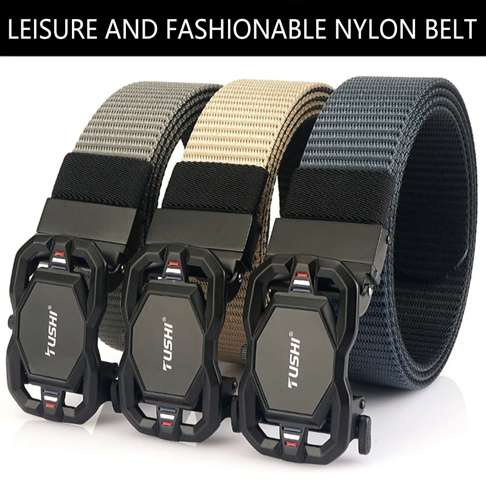 TUSHI 3.4cm Casual Belt for Men Hard Metal Automatic Buckle Tactical Outdoor Waistband Tight Nylon Jeans Black Belt Male Gift