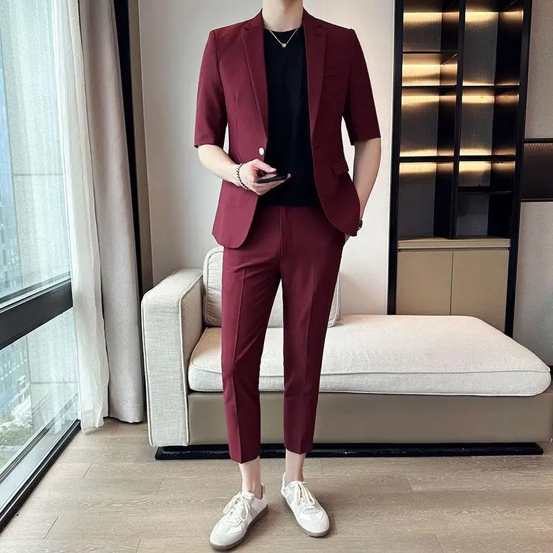 2-A55 Summer new casual three-quarter sleeve suit for boys slim wine red mid-slee small suit jacket for men