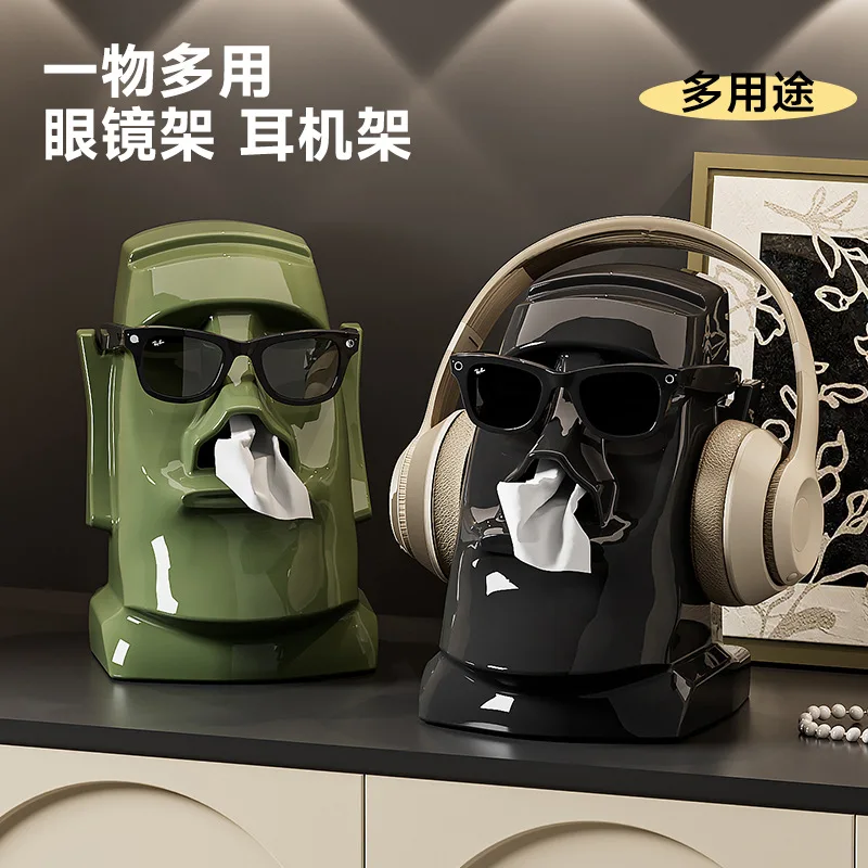 Moai Stone Head Tissue Box Large Capacity Built In Spring Headphone Stand Sunglasses Holder For Home Bathroom Desktop