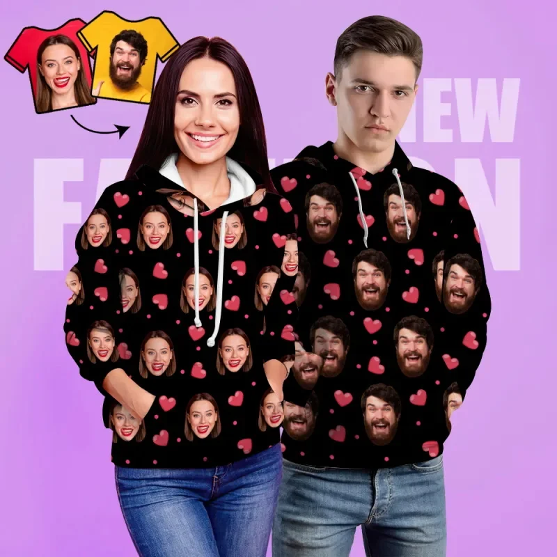 Custom Face Couples Hoodie For Men Women Casual Black Diy Design Photos Hoodie Mens Pullover Sweatshirts Gift For Men Women