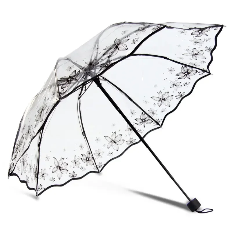 Transparent Folding Non-automatic Umbrella Men Ripple Edge Windproof Rain Umbrella Women Plastic Clear Ladies Outdoor Parasol