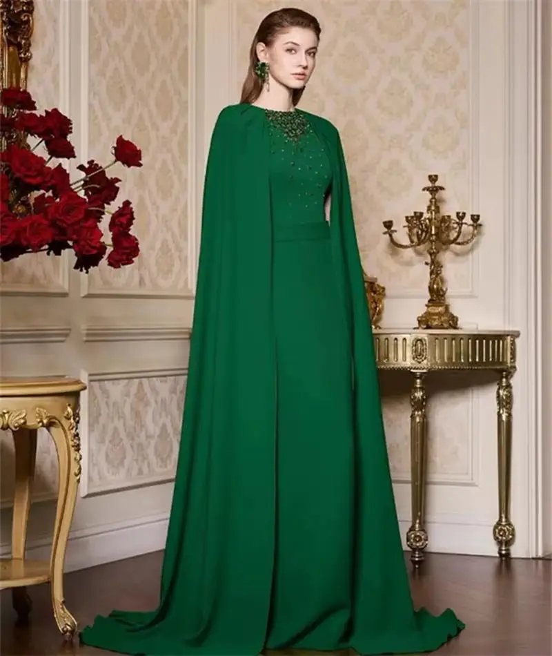 فساتين سهرة أنيقة باللون الأخضر الزمردي مطرز برقبة دائرية وأكمام كيب طويلة رداء ماكسي عربي مخصص رداء حفلات رسمي للنساء #2