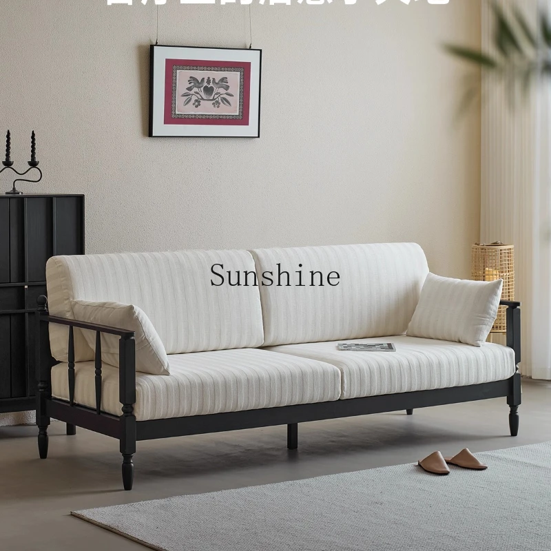 Solid wood, retro black, three-person straight row cotton and linen sofa in the living room can be disassembled and washed.