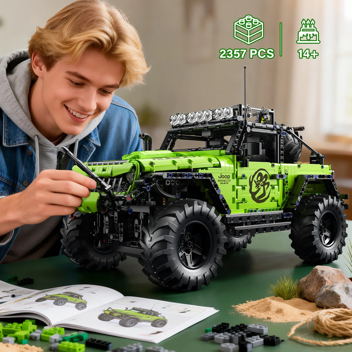 

KAVOWORLD 1:8 Green Large Off-Road Vehicle Building Bricks Model 2357PCS Home Decor 4WD Off-Road Truck DIY Construction Toy with Working Winch Spare Tire