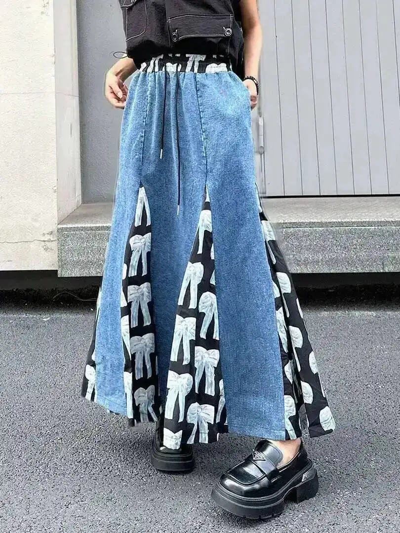 

] High Elastic Waist Blue Denim Flower Printed A-line Half-body Skirt Women Fashion Tide New Spring Autumn
