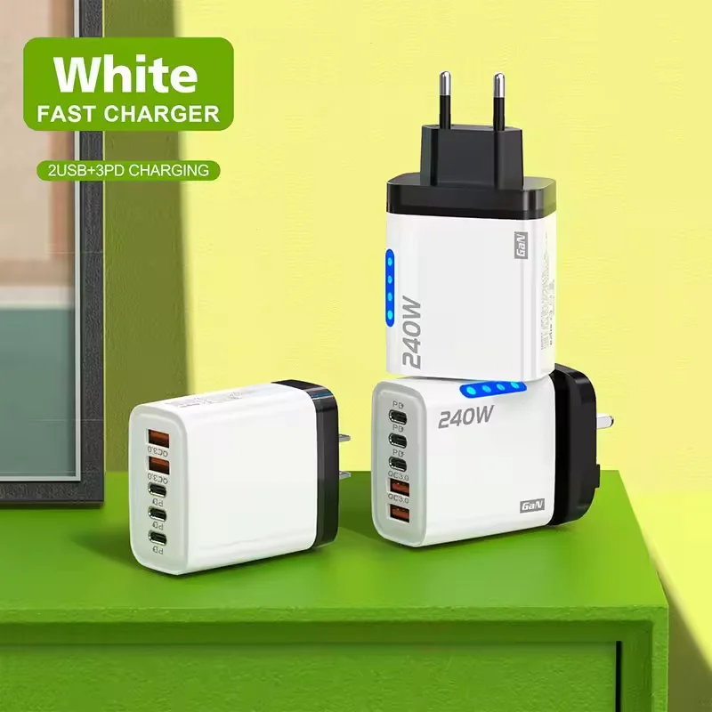 240W GaN 2USB+3Type C Desktop Phone Charger With LED Light Multi Ports Quick Charge 3.0 Adapter For iPhone Samsung Huawei Tablet