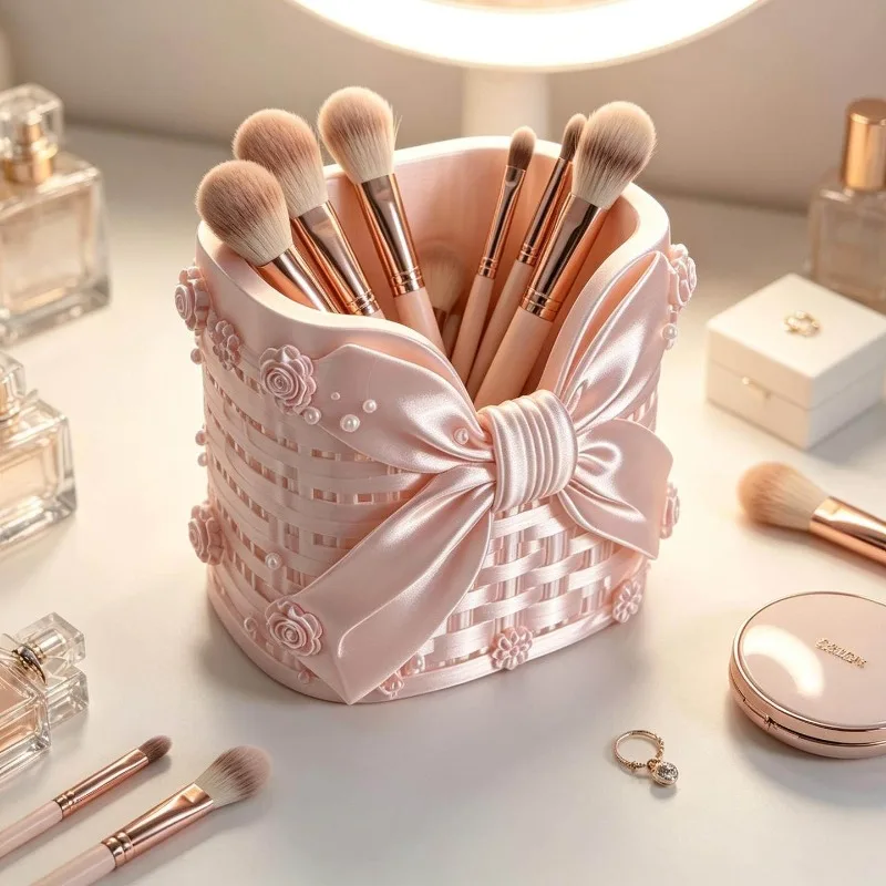 3D Printed Ribbon Flower Basket Makeup Brush Holder, Creative Home Decor Ornaments, Desktop Organizer Photo Props for Her Gifts.