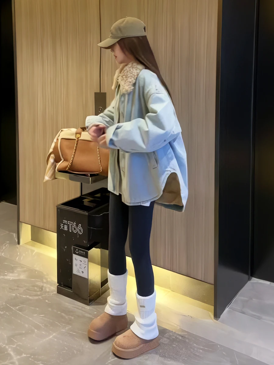 

Корейский джинсовый джинсовый длинный жакет с меховым воротником из ягненка, женский осенне-зимний свободный топ с хлопковым наполнителем