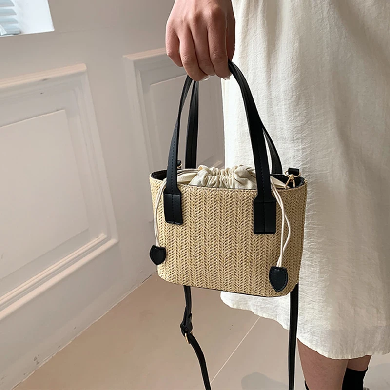 Knit Travel Bags Straw Woven Beach Bag Wrist Pack Women Handle Female Bucket Tote Bags Rattan Ladies Purses Handbag - Image 2