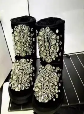 Drop Shipping Winter Black Suede Crystal Diamond Round Toe Flat Snow Boots Women Warming Pull On Short Mid-calf Boots Lady Shoes